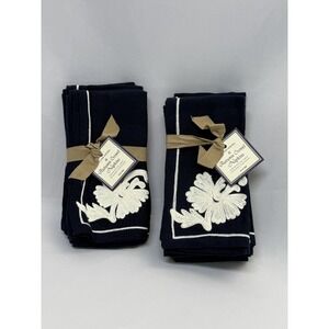 WILLIAMS SONOMA 8 Navy Linen‎ Napkins Scroll Autumn Crewel Embroidery 2006 NWT